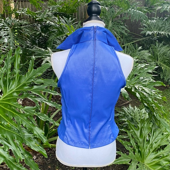 TADASHI shimmering blue plunging neck line roughed front collared cropped top - Picture 15 of 16